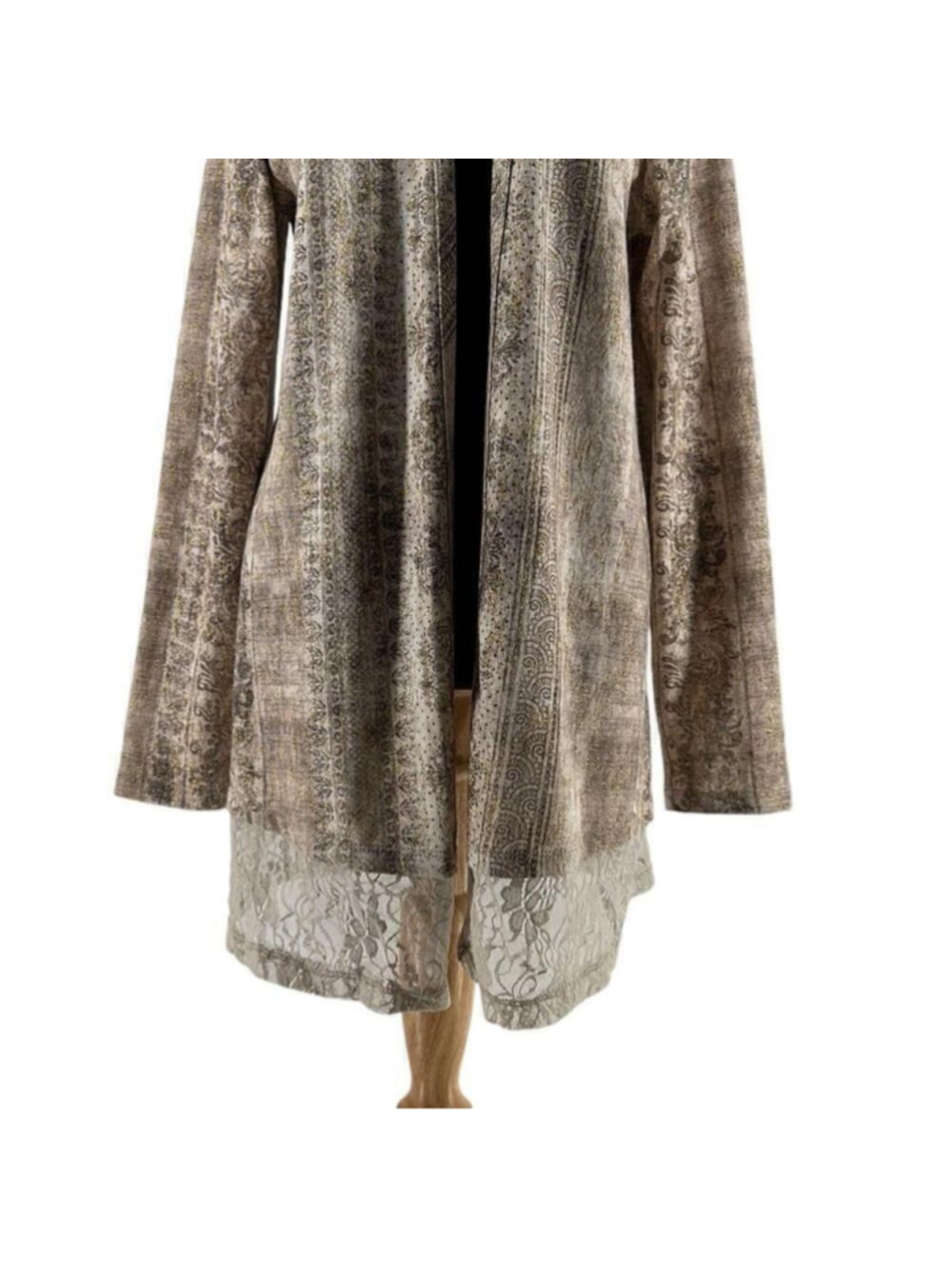 Joseph Ribkoff cardigan taupe gold lace open front pattern stretch unique sz 8 - Picture 8 of 11